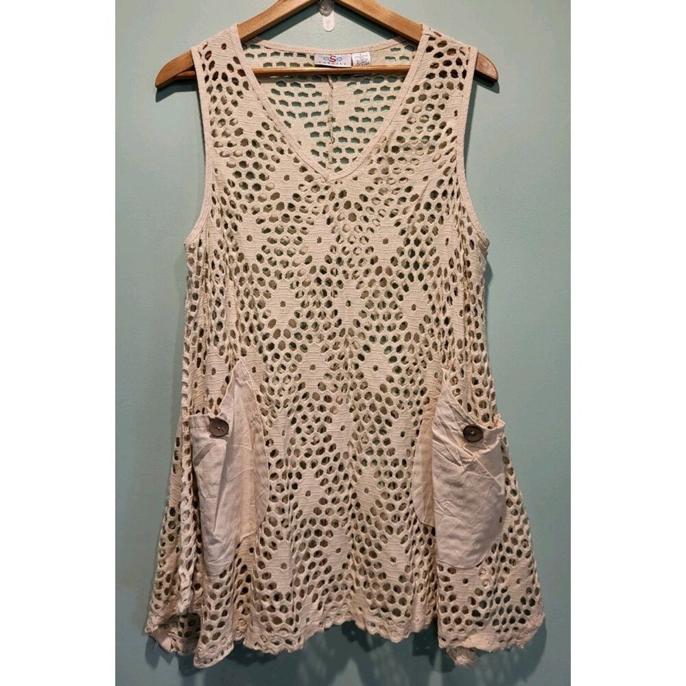 Beige Open Knit Sleeveless A-line Tunic Top Pockets Sz L  Lagenlook Mori